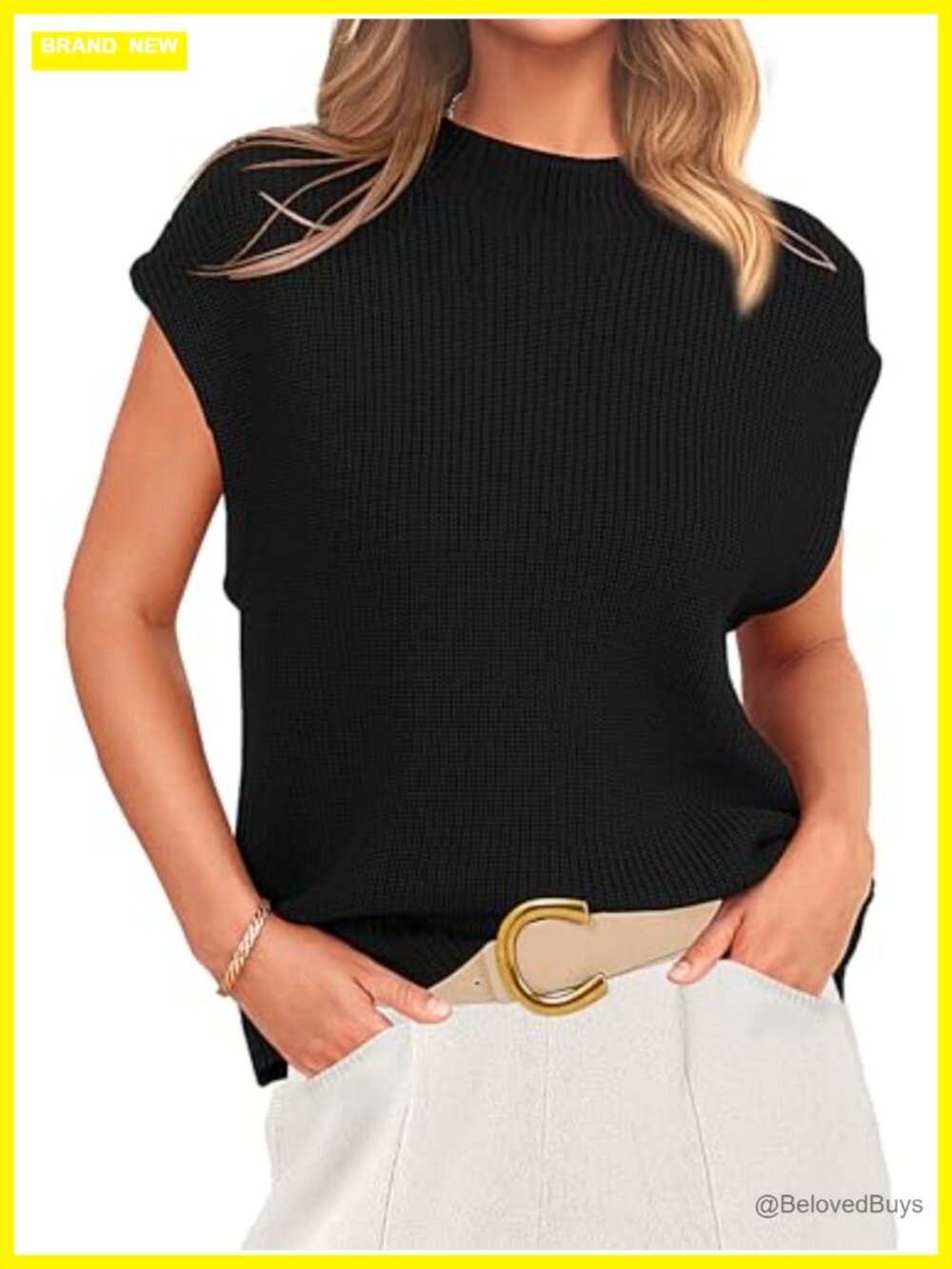Sleeveless Ribbed Knit Sweater Vest Mock Neck Cap Sleeve Work Tank Top